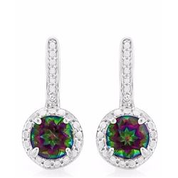 EARRINGS -  2 CTW ROUND FACETED MYSTIC GEMSTONE & 2 DIAMOND IN 925 STERLING SILVER SET - RETAIL ESTI