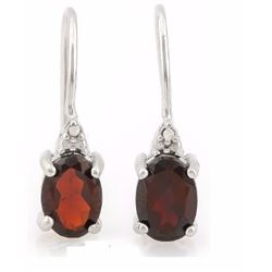EARRINGS -  1 1/5CTW OVAL FACETED GARNET & 2 DIAMONDS IN 925 STERLING SILVER SETTING - RETAIL ESTIMA