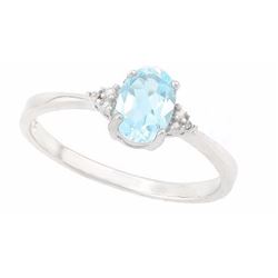 RING - 4/5 CTW OVAL FACETED BABY SWISS BLUE TOPAZ & 2 DIAMOND 925 STERLING SILVER SETTING - RETAIL E