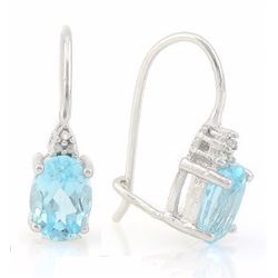 EARRINGS - 4/5 CTW OVAL FACETED BABY SWISS BLUE TOPAZ & 2 DIAMOND 925 STERLING SILVER SETTING - RETA
