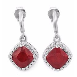 EARRINGS -  2 1/5 CTW EMERALD FACETED ENHANCED GENUINE RUBY & 2 DIAMONDS IN  925 STERLING SILVER SET