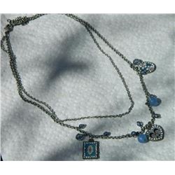 VINTAGE NECKLACE - BLUE BEADS  - HEART, SQUARE AND OVAL PENDANTS ACCENTED WITH RHINESTONES