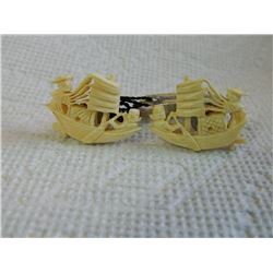 ESTATE - CUFFLINKS - "MEA HAWAII" - "HAND CARVED ELEPHANT TUSK IVORY " - STERLING - BOAT 28mm long x
