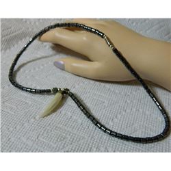 ESTATE - NECKLACE - HEMITITE WITH ABALONE? HORN HORN 6.9mm diameter at top 34mm long