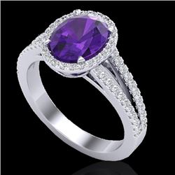 3 CTW Amethyst & Micro VS/SI Diamond Halo Solitaire Ring 18K White Gold - REF-67H6W - 20927