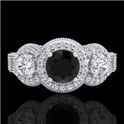 2.16 CTW Fancy Black Diamond Solitaire Art Deco 3 Stone Ring 18K White Gold - REF-254Y5N - 37667
