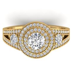 1.50 CTW Certified VS/SI Diamond Art Deco 3 Stone Halo Ring 14K Yellow Gold - REF-170W8H - 30374