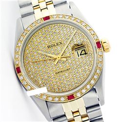 Rolex Men's Two Tone 14K Gold/SS, QuickSet, Diam Pave Dial & Diam/Ruby Bezel - REF-572Z7Y