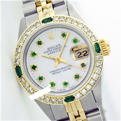 Rolex Ladies Stainless Steel, Diam Dial & Diam/Emerald Bezel, Saph Crystal - REF-368H7W