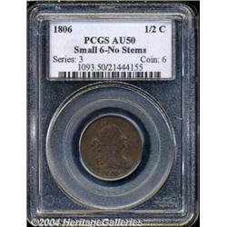 1806 1/2 C Small 6, No Stems AU50 PCGS. B-3,