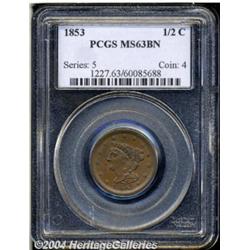 1853 1/2 C MS63 Brown PCGS. B-1, C-1, R.1. A