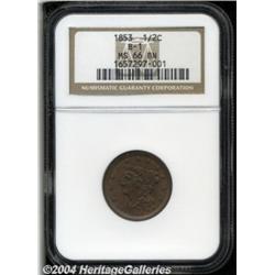 1853 1/2 C MS66 Brown NGC. B-1, C-1, R.1. A