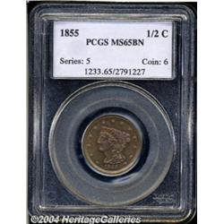 1855 1/2 C MS65 Brown PCGS. B-1, C-1, R.1.