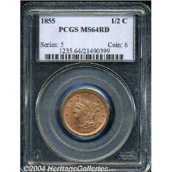 1855 1/2 C MS64 Red PCGS. B-1, C-1, R.1. A