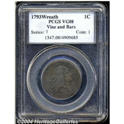 1793 1C Wreath Cent--Vine and Bars--VG8 PCGS.