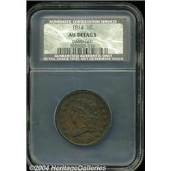 1814 1C Plain 4 AU50 Details, Damaged, NCS.