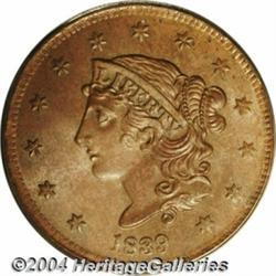 1839 1C Booby Head MS64 Brown PCGS. N-11, R.1.