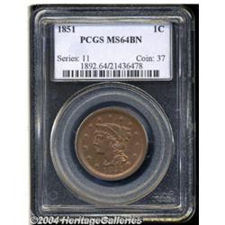 1851 1C MS64 Brown PCGS. N-2, R.1. A bold
