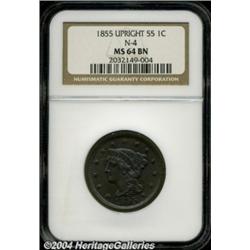 1855 1C Upright 5s MS64 Brown NGC. N-4, R.1.