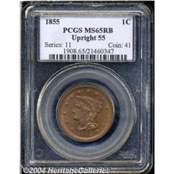1855 1C Upright 5s MS65 Red and Brown PCGS.