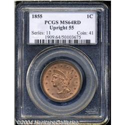 1855 1C Upright 5s MS64 Red PCGS. N-4, R.1.