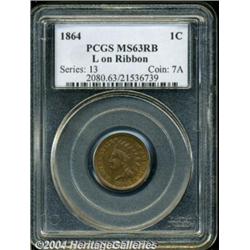 1864 1C L On Ribbon MS63 Red and Brown PCGS.