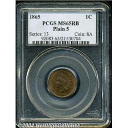 1865 1C Plain 5 MS65 Red and Brown PCGS.