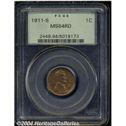 1911-S 1C MS64 Red PCGS. Well struck with a