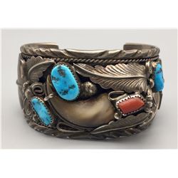 Vintage Turquoise, Coral and Bear Claw Bracelet
