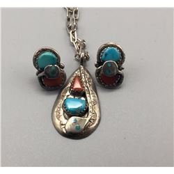Effie C. Turquoise, Coral & Sterling Necklace & Earring Set
