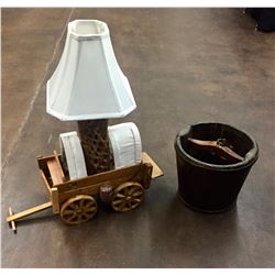 Antique Bucket and Folk Art Lamp
