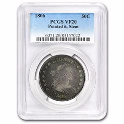 1806 Draped Bust Half Dollar Pointed 6, Stems Graded VF-20 PCGS 211 YEARS OLD