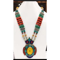 Tibet Hand Made Amber Turquoise, Coral, Lapis Lazuli Necklace