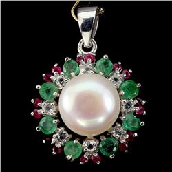 Natural Japanese Pearl Emerald Ruby White Topaz Pendant