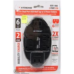 NEW XTREAME DUAL PORT USB WALL TAP WITH 6  POWER