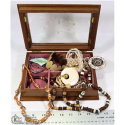 WOOD AND GLASS JEWELRY BOX FULL OF JEWELRY