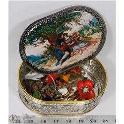 PAINTED COLLECTORS TIN FILLED WITH BROOCHES
