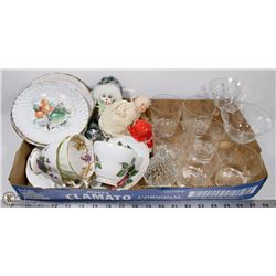 FLAT OF ESTATE ITEMS INCLUDING CHINA, DOLLS, AND