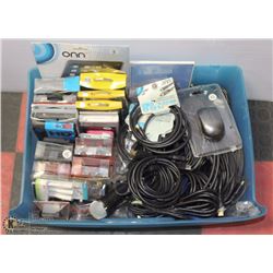 LARGE BLUE TOTE OF PHONE CASES, POWER CORDS, HDMI