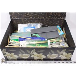 DECORATIVE BOX FULL OF KNITTING AND SEWING ITEMS