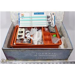 DECORATIVE BOX FULL OF KNITTING AND SEWING ITEMS