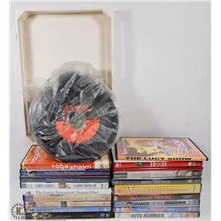 WOOD CRATE OF DVDs AND RECORDS