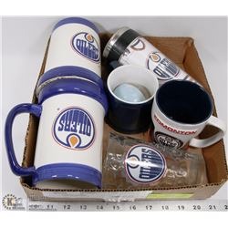 BOX W/ EDMONTON OILERS MUGS & GLASSES