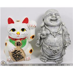 A PAIR OF ASIAN STATUETTES – BUDDHA & CAT COIN
