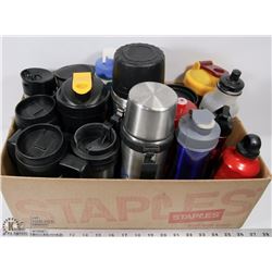 FLAT OF TRAVEL COFFEE MUGS & WATER BOTTLES.