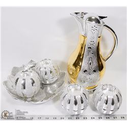 BOX W/ HOLIDAY PITCHER, CANDLE HOLDERS, ETC.