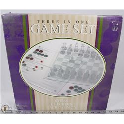 NEW 3 IN 1 GLASS CHESS, CHECKERS, BACKGAMMON SET