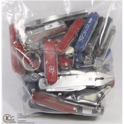 BAG OF MIXED SWISS ARMY KNIVES, MULTI TOOLS AND
