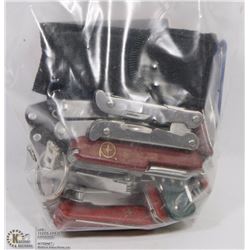 BAG OF MIXED SWISS ARMY KNIVES, MULTI TOOLS AND