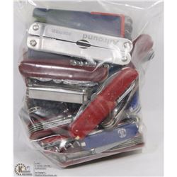 BAG OF MIXED SWISS ARMY KNIVES, MULTI TOOLS AND